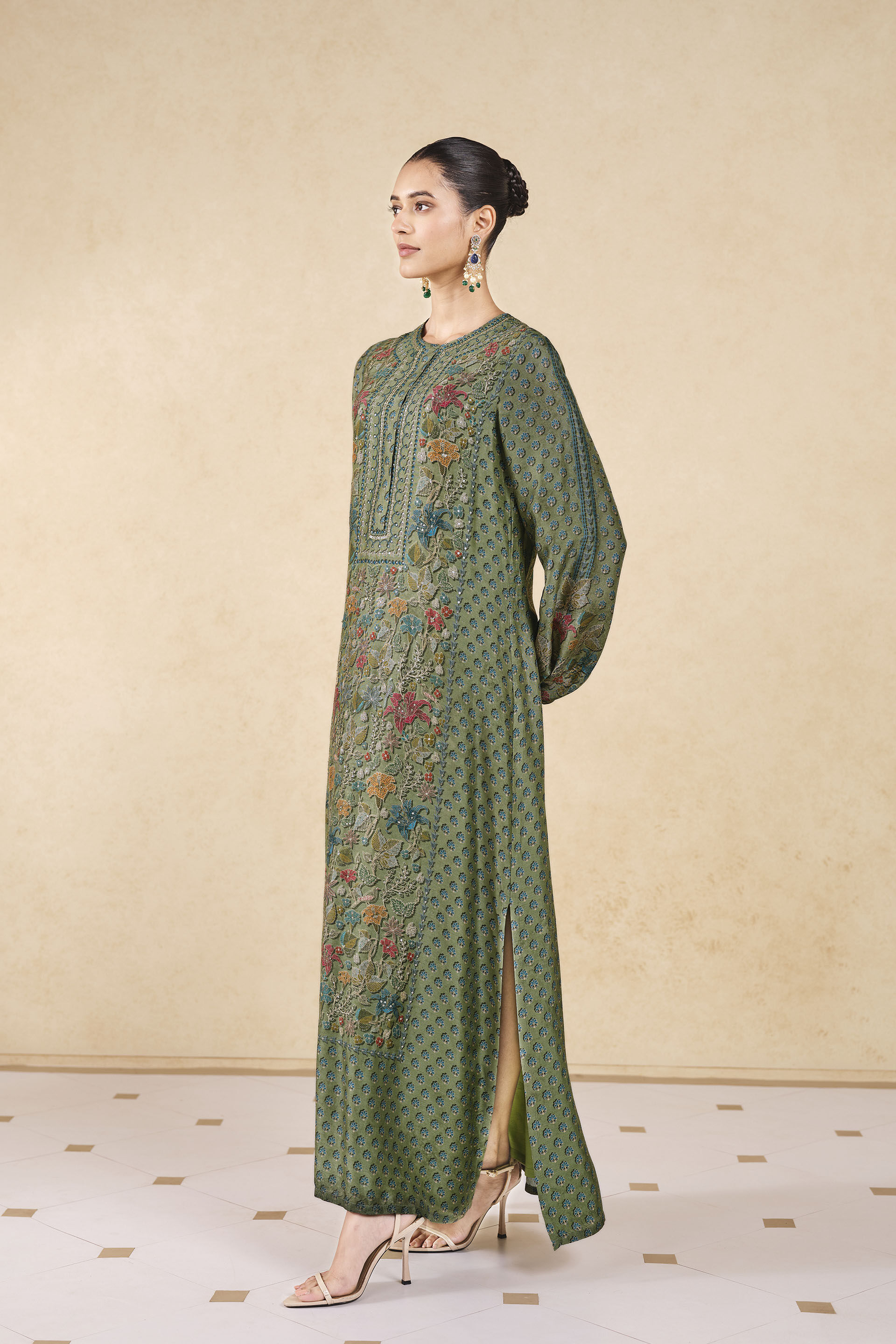 Eman Printed Silk Kaftan - Sage, Sage, image 3